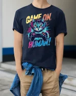 Game On Human Funny Cat T-Shirt - model wearing Navy T-shirt, hands in pockets, denim shirt at waist