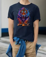 Neon Tiger Power Graphic Tee - model wearing Navy T-shirt, hands in pockets, denim shirt at waist