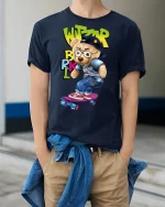 Hip Hop Skateboard Bear Tee - model wearing Navy T-shirt, hands in pockets, denim shirt at waist