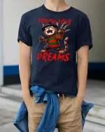 Follow Your Dreams Funny Freddy Cat Tee - model wearing Navy T-shirt, hands in pockets, denim shirt at waist