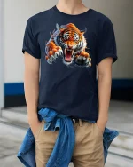 Roaring Tiger Attack Graphic T-Shirt - model wearing Navy T-shirt, hands in pockets, denim shirt at waist
