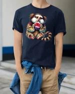 Cute Monkey Eating Fruit T-Shirt - model wearing Navy T-shirt, hands in pockets, denim shirt at waist
