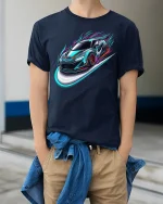 Neon Speed Racing Car Streetwear T-Shirt - model wearing Navy T-shirt, hands in pockets, denim shirt at waist