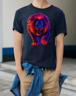 Neon Flame Lion Roaring T-Shirt - model wearing Navy T-shirt, hands in pockets, denim shirt at waist