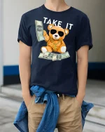 Money Bear Graphic T-Shirt - model wearing Navy T-shirt, hands in pockets, denim shirt at waist
