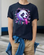 Trippy Panda T-Shirt with Colorful Butterflies - model wearing Navy T-shirt, hands in pockets, denim shirt at waist
