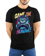 Game On Human Funny Cat T-Shirt - model with hands behind back, wearing Black T-shirt and blue jeans