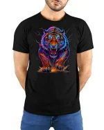 Neon Tiger Power Graphic Tee - model with hands behind back, wearing Black T-shirt and blue jeans