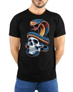 Venomous Snake and Skull Tee - model with hands behind back, wearing Black T-shirt and blue jeans