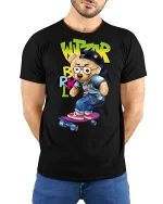 Hip Hop Skateboard Bear Tee - model with hands behind back, wearing Black T-shirt and blue jeans