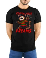 Follow Your Dreams Funny Freddy Cat Tee - model with hands behind back, wearing Black T-shirt and blue jeans