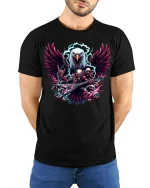 Metal Eagle Guitar Rock Skull T-Shirt - model with hands behind back, wearing Black T-shirt and blue jeans