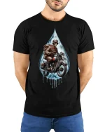 Skull Soldier Rider Motorcycle T-Shirt - model with hands behind back, wearing Black T-shirt and blue jeans