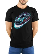 Neon Speed Racing Car Streetwear T-Shirt - model with hands behind back, wearing Black T-shirt and blue jeans