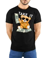 Money Bear Graphic T-Shirt - model with hands behind back, wearing Black T-shirt and blue jeans