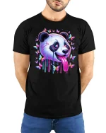 Trippy Panda T-Shirt with Colorful Butterflies - model with hands behind back, wearing Black T-shirt and blue jeans