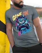 Game On Human Funny Cat T-Shirt - model leaning on yellow-black pole, wearing Gray T-shirt, hand in pocket