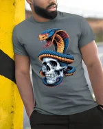 Venomous Snake and Skull Tee - model leaning on yellow-black pole, wearing Gray T-shirt, hand in pocket