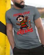 Follow Your Dreams Funny Freddy Cat Tee - model leaning on yellow-black pole, wearing Gray T-shirt, hand in pocket
