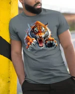 Roaring Tiger Attack Graphic T-Shirt - model leaning on yellow-black pole, wearing Gray T-shirt, hand in pocket