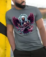 Metal Eagle Guitar Rock Skull T-Shirt - model leaning on yellow-black pole, wearing Gray T-shirt, hand in pocket