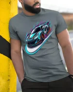 Neon Speed Racing Car Streetwear T-Shirt - model leaning on yellow-black pole, wearing Gray T-shirt, hand in pocket
