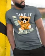 Money Bear Graphic T-Shirt - model leaning on yellow-black pole, wearing Gray T-shirt, hand in pocket