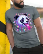 Trippy Panda T-Shirt with Colorful Butterflies - model leaning on yellow-black pole, wearing Gray T-shirt, hand in pocket