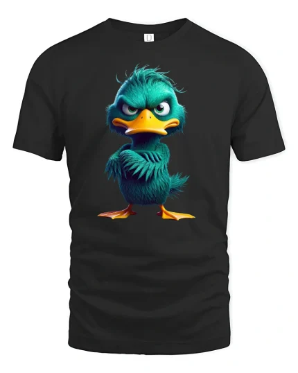 Funny Angry Duck Character Tee - black t-shirt on white background