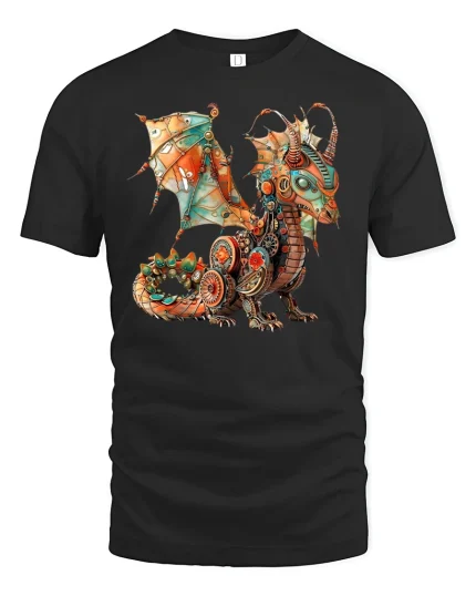 Steampunk Dragon Fantasy T-shirt - black t-shirt on white background