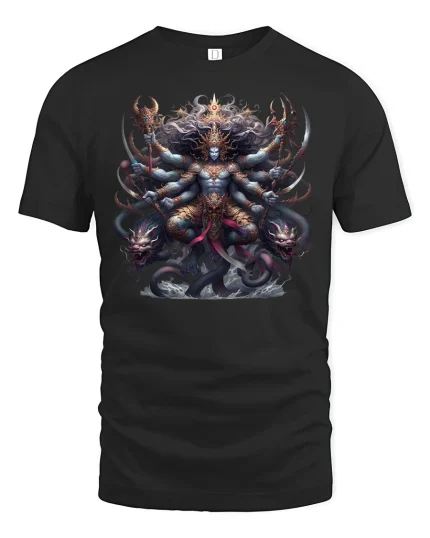 Mythical Multi-Armed Warrior God Tee - black t-shirt on white background
