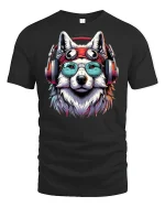 Cool Husky Headphones T-shirt - black t-shirt on white background