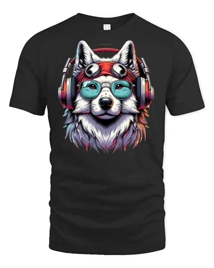 Cool Husky Headphones T-shirt - black t-shirt on white background