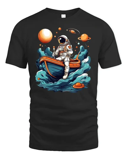 Astronaut in Boat Exploring Space T-Shirt - black t-shirt on white background