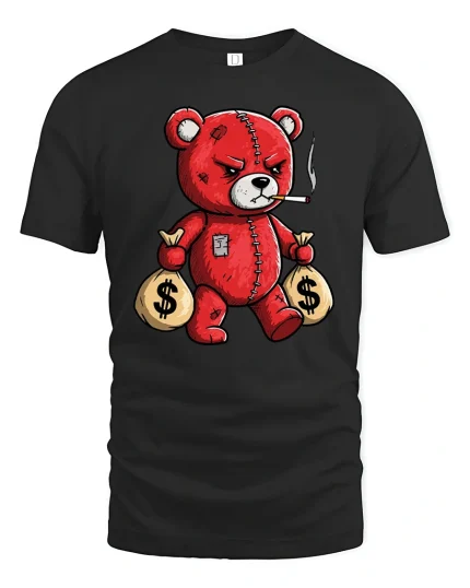Gangster Teddy Bear With Money Bags Tee - black t-shirt on white background