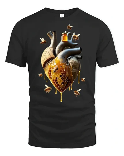 Honeycomb Heart Bees T-Shirt - black t-shirt on white background