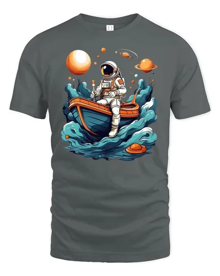 Astronaut in Boat Exploring Space T-Shirt - gray t-shirt on white background