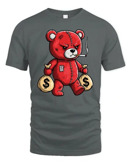 Gangster Teddy Bear With Money Bags Tee - gray t-shirt on white background