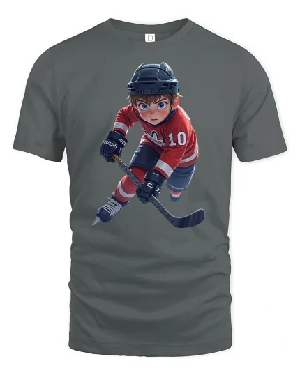 Youth Hockey Player Action T-Shirt - gray t-shirt on white background