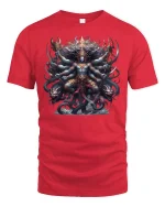 Mythical Multi-Armed Warrior God Tee - red t-shirt on white background