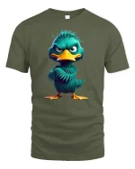 Funny Angry Duck Character Tee - military green t-shirt on white background