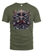Mythical Multi-Armed Warrior God Tee - military green t-shirt on white background