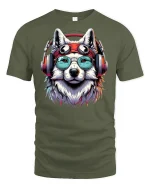 Cool Husky Headphones T-shirt - military green t-shirt on white background