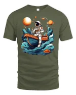 Astronaut in Boat Exploring Space T-Shirt - military green t-shirt on white background