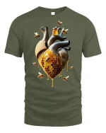 Honeycomb Heart Bees T-Shirt - military green t-shirt on white background