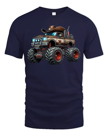 Cowboy Monster Truck Graphic Tee - navy t-shirt on white background