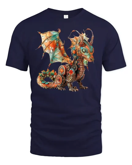 Steampunk Dragon Fantasy T-shirt - navy t-shirt on white background