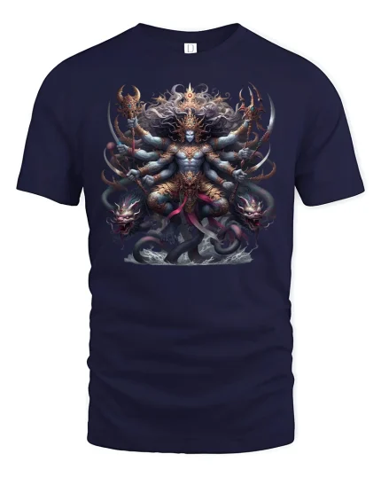 Mythical Multi-Armed Warrior God Tee - navy t-shirt on white background
