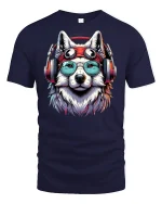 Cool Husky Headphones T-shirt - navy t-shirt on white background