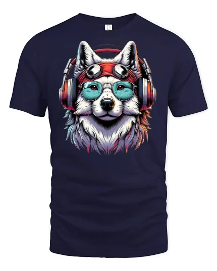 Cool Husky Headphones T-shirt - navy t-shirt on white background